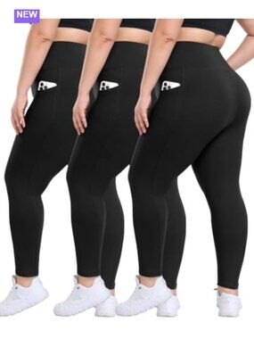 Plus Size Leggings with Pockets High Waisted Tummy Control 3 Pack